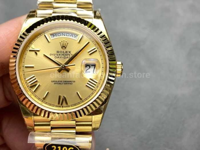 KF Factory Counterweight Rolex Day Date 228238 0006 40mm Full Yellow Gold Roman Numerals Champagne Dial 8 Super Clone Watch,Clean Factory Watch