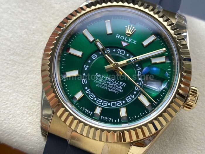 Noob Factory Rolex Sky-Dweller 336238 42mm Yellow Gold OysterFlex Green Dial - Image 3