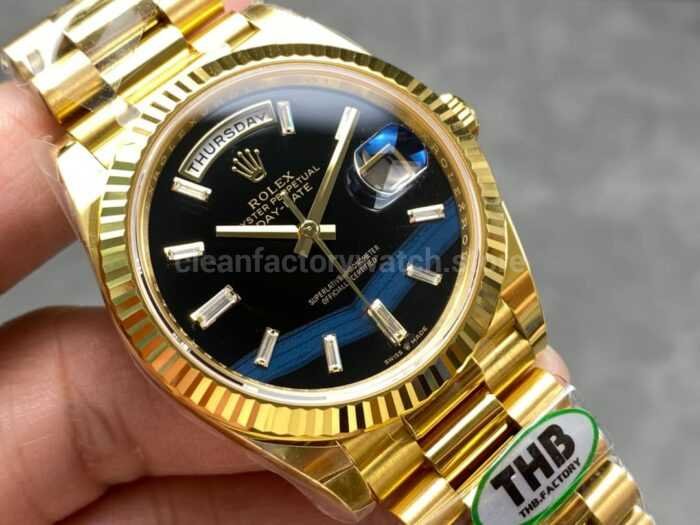 THB Factory Counterweight Rolex Day Date 228238 0004 40mm Full Rose Gold Diamond Baguette Black Dial 10 Super Clone Watch,Clean Factory Watch