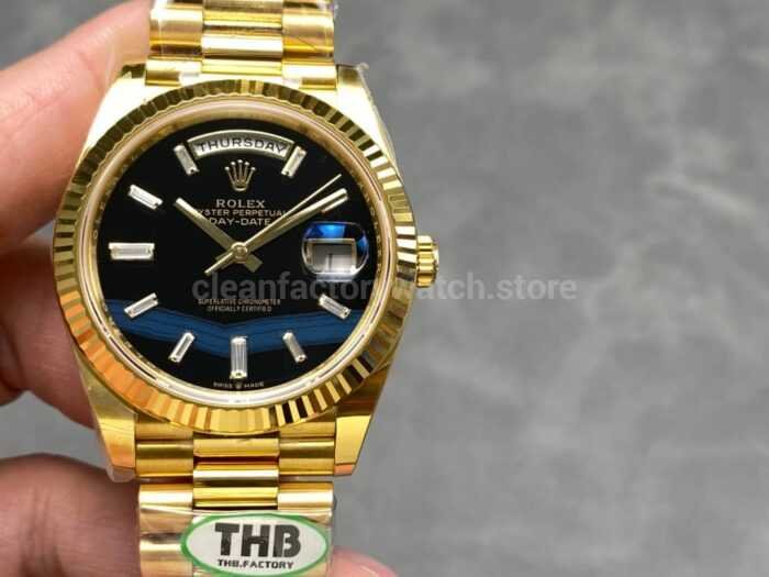 THB Factory Counterweight Rolex Day Date 228238 0004 40mm Full Rose Gold Diamond Baguette Black Dial 12 Super Clone Watch,Clean Factory Watch