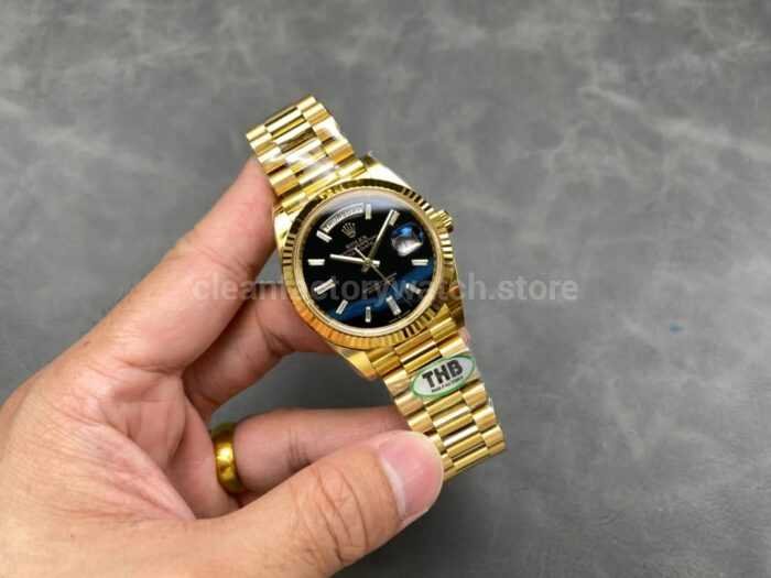 THB Factory Counterweight Rolex Day Date 228238 0004 40mm Full Rose Gold Diamond Baguette Black Dial 13 Super Clone Watch,Clean Factory Watch