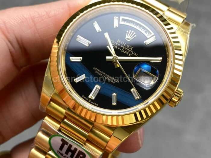 THB Factory Counterweight Rolex Day Date 228238 0004 40mm Full Rose Gold Diamond Baguette Black Dial 14 Super Clone Watch,Clean Factory Watch
