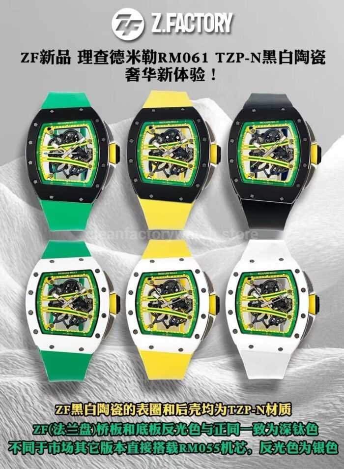 ZF Factory Richard Mille RM 061 01 Black Rubber Strap Yohan Blake Skeletonized Green Dial 4 Super Clone Watch,Clean Factory Watch