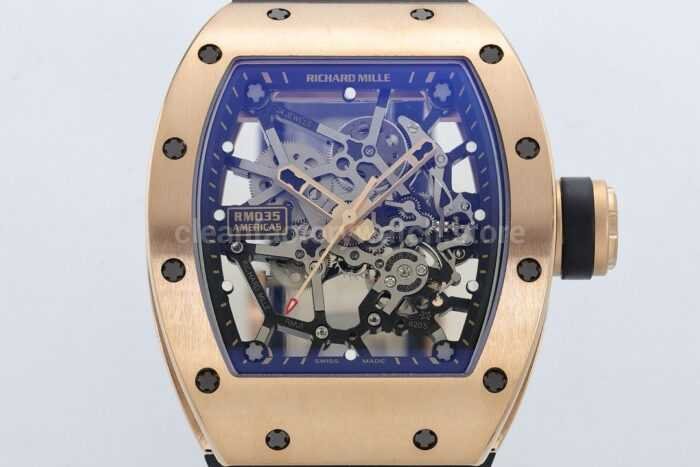 ZF Factory Richard Mille RM035 Rose Gold Rubber Strap Skeletonized Dial 6 Super Clone Watch,Clean Factory Watch