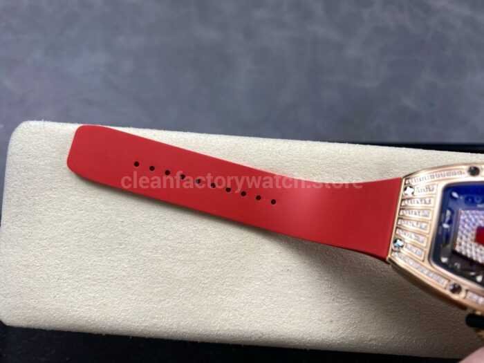 ZF Factory Richard Mille RM07 31.4mm Diamond Rose Gold Red Rubber Strap Skeletonized Black Dial 1 Super Clone Watch,Clean Factory Watch