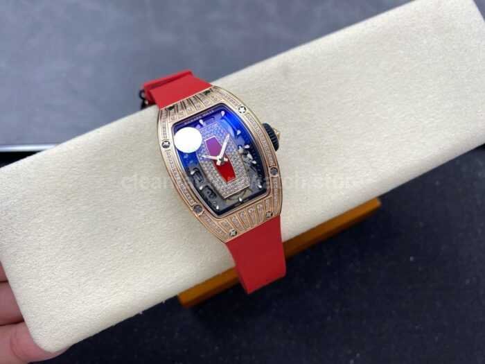 ZF Factory Richard Mille RM07 31.4mm Diamond Rose Gold Red Rubber Strap Skeletonized Black Dial 10 Super Clone Watch,Clean Factory Watch