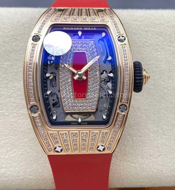 ZF Factory Richard Mille RM07 31.4mm Diamond Rose Gold Red Rubber Strap Skeletonized Black Dial 11 Super Clone Watch,Clean Factory Watch