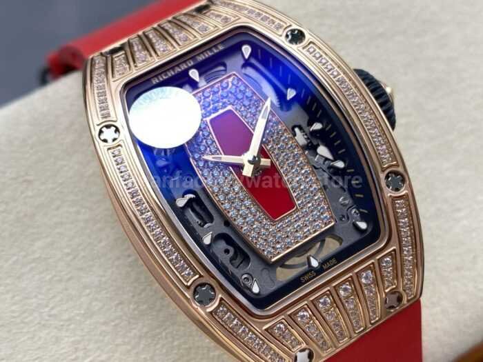ZF Factory Richard Mille RM07 31.4mm Diamond Rose Gold Red Rubber Strap Skeletonized Black Dial 12 Super Clone Watch,Clean Factory Watch