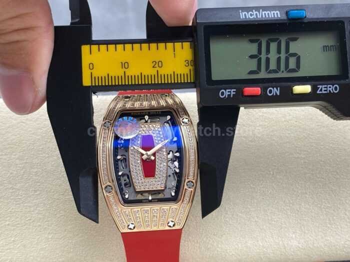 ZF Factory Richard Mille RM07 31.4mm Diamond Rose Gold Red Rubber Strap Skeletonized Black Dial 13 Super Clone Watch,Clean Factory Watch