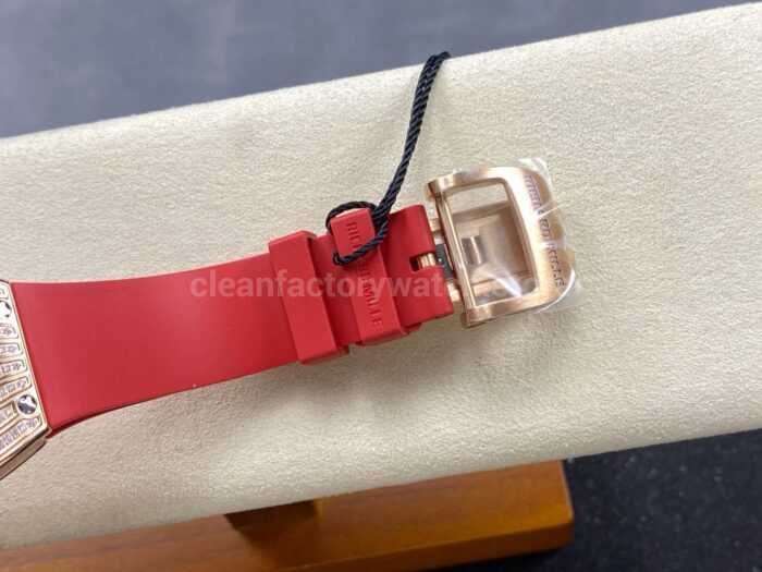 ZF Factory Richard Mille RM07 31.4mm Diamond Rose Gold Red Rubber Strap Skeletonized Black Dial 14 Super Clone Watch,Clean Factory Watch