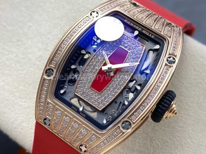 ZF Factory Richard Mille RM07 31.4mm Diamond Rose Gold Red Rubber Strap Skeletonized Black Dial 15 Super Clone Watch,Clean Factory Watch