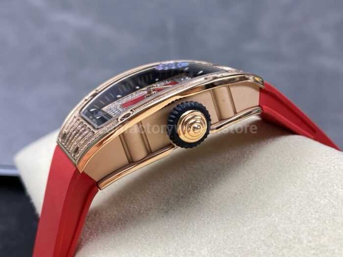 ZF Factory Richard Mille RM07 31.4mm Diamond Rose Gold Red Rubber Strap Skeletonized Black Dial 16 1 Super Clone Watch,Clean Factory Watch