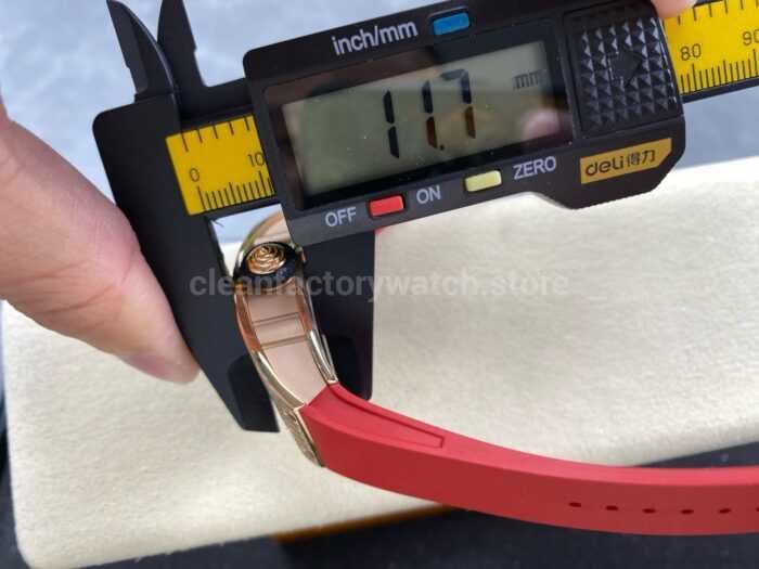 ZF Factory Richard Mille RM07 31.4mm Diamond Rose Gold Red Rubber Strap Skeletonized Black Dial 3 Super Clone Watch,Clean Factory Watch
