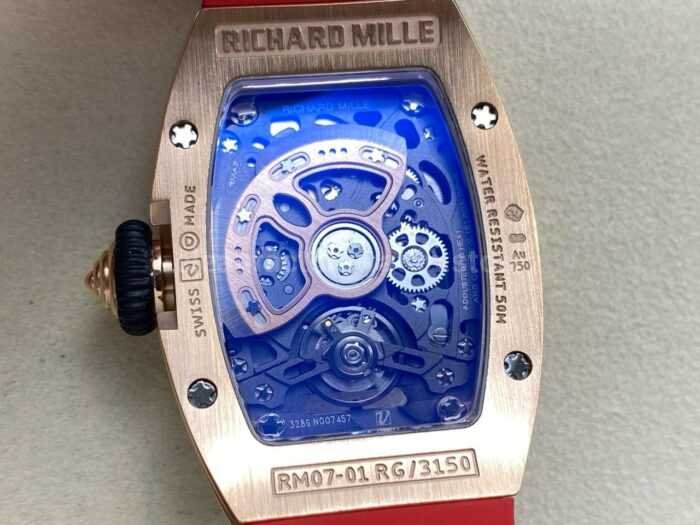 ZF Factory Richard Mille RM07 31.4mm Diamond Rose Gold Red Rubber Strap Skeletonized Black Dial 4 Super Clone Watch,Clean Factory Watch