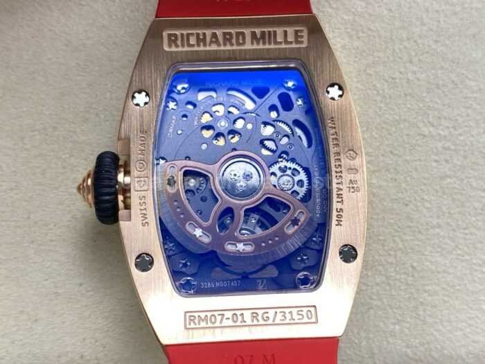 ZF Factory Richard Mille RM07 31.4mm Diamond Rose Gold Red Rubber Strap Skeletonized Black Dial 5 Super Clone Watch,Clean Factory Watch