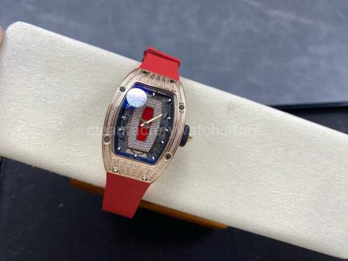 ZF Factory Richard Mille RM07 31.4mm Diamond Rose Gold Red Rubber Strap Skeletonized Black Dial 6 Super Clone Watch,Clean Factory Watch