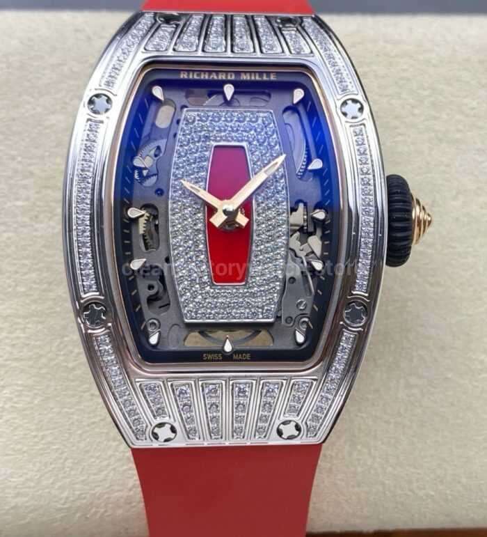 ZF Factory Richard Mille RM07 31.4mm Diamond White Gold Red Rubber Strap Skeletonized Black Dial 1 Super Clone Watch,Clean Factory Watch