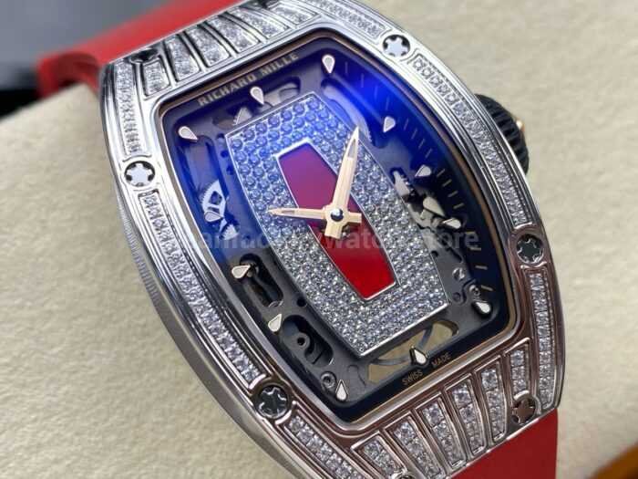 ZF Factory Richard Mille RM07 31.4mm Diamond White Gold Red Rubber Strap Skeletonized Black Dial 2 Super Clone Watch,Clean Factory Watch