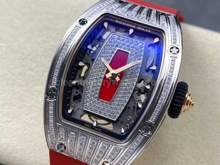ZF Factory Richard Mille RM07 31.4mm Diamond White Gold Red Rubber Strap Skeletonized Black Dial 3 Super Clone Watch,Clean Factory Watch