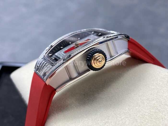 ZF Factory Richard Mille RM07 31.4mm Diamond White Gold Red Rubber Strap Skeletonized Black Dial 5 Super Clone Watch,Clean Factory Watch
