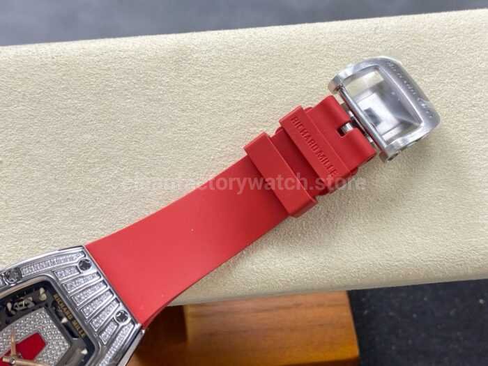 ZF Factory Richard Mille RM07 31.4mm Diamond White Gold Red Rubber Strap Skeletonized Black Dial 7 Super Clone Watch,Clean Factory Watch