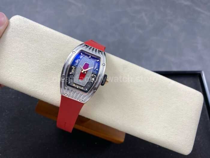 ZF Factory Richard Mille RM07 31.4mm Diamond White Gold Red Rubber Strap Skeletonized Black Dial 9 Super Clone Watch,Clean Factory Watch