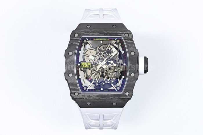 ZF Factory Richard Mille RM35 02 Black Carbon Fiber White Rubber Strap Black Skeletonized Dial 1 Super Clone Watch,Clean Factory Watch
