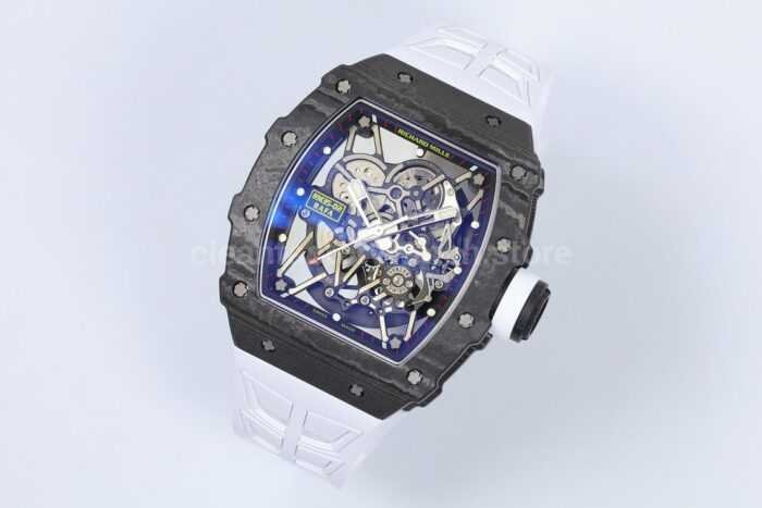 ZF Factory Richard Mille RM35 02 Black Carbon Fiber White Rubber Strap Black Skeletonized Dial 6 Super Clone Watch,Clean Factory Watch