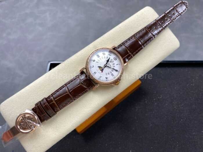 ZM Factory Patek Philippe Perpetual Calendar 5159 38mm Engraving Rose Gold Leather Strap White Dial 3 Super Clone Watch,Clean Factory Watch