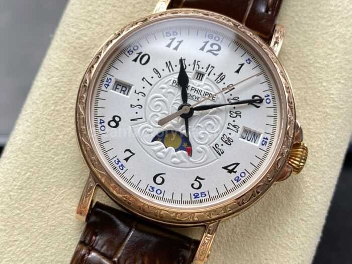 ZM Factory Patek Philippe Perpetual Calendar 5159 38mm Engraving Rose Gold Leather Strap White Dial 4 Super Clone Watch,Clean Factory Watch