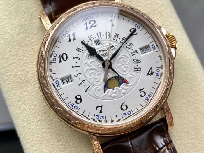 ZM Factory Patek Philippe Perpetual Calendar 5159 38mm Engraving Rose Gold Leather Strap White Dial 7 Super Clone Watch,Clean Factory Watch