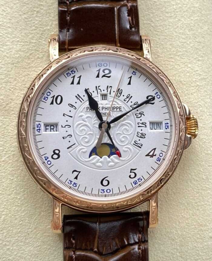 ZM Factory Patek Philippe Perpetual Calendar 5159 38mm Engraving Rose Gold Leather Strap White Dial 8 Super Clone Watch,Clean Factory Watch