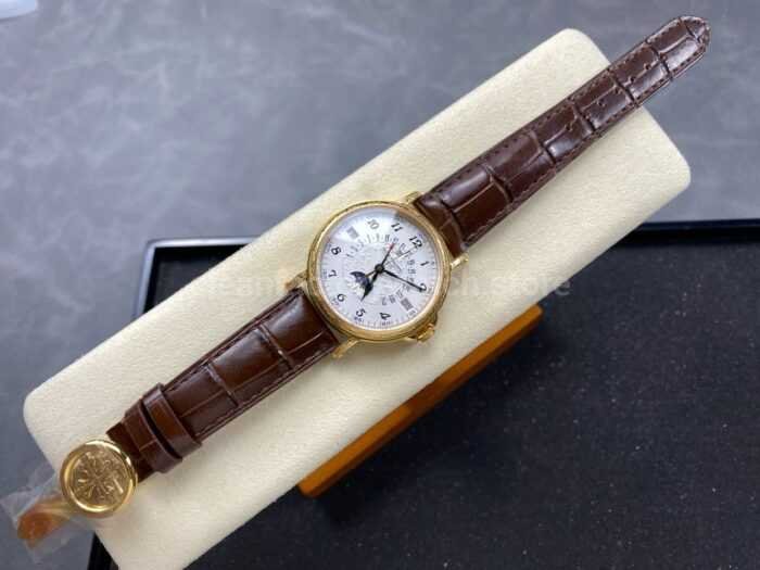 ZM Factory Patek Philippe Perpetual Calendar 5159 38mm Engraving Yellow Gold Leather Strap White Dial 1 Super Clone Watch,Clean Factory Watch