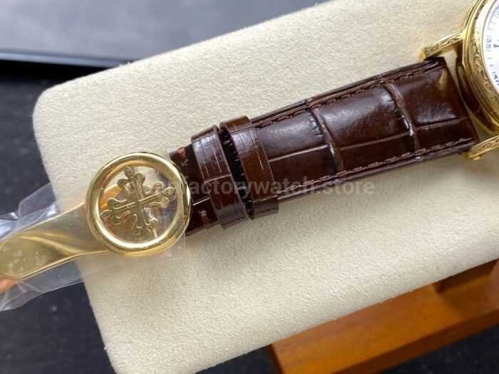 ZM Factory Patek Philippe Perpetual Calendar 5159 38mm Engraving Yellow Gold Leather Strap White Dial 2 Super Clone Watch,Clean Factory Watch