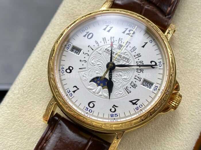 ZM Factory Patek Philippe Perpetual Calendar 5159 38mm Engraving Yellow Gold Leather Strap White Dial 4 Super Clone Watch,Clean Factory Watch