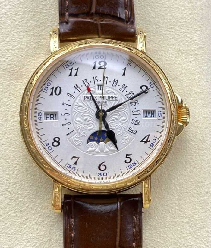 ZM Factory Patek Philippe Perpetual Calendar 5159 38mm Engraving Yellow Gold Leather Strap White Dial 6 Super Clone Watch,Clean Factory Watch