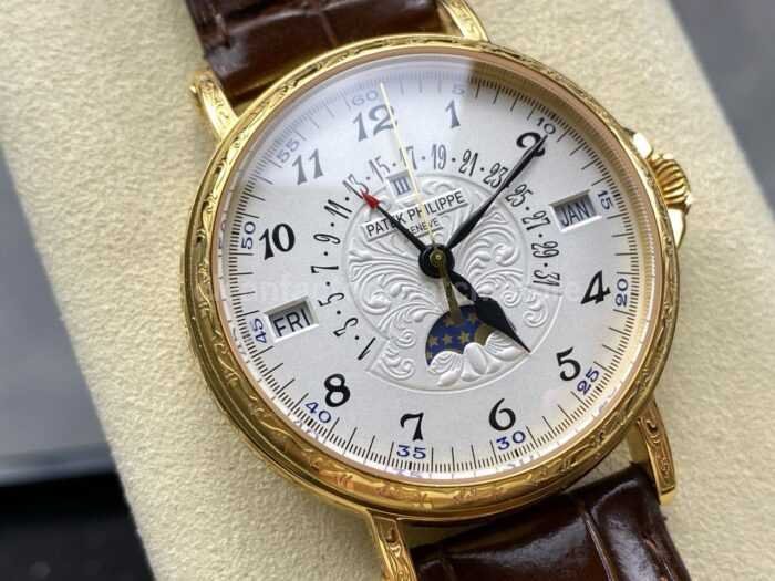ZM Factory Patek Philippe Perpetual Calendar 5159 38mm Engraving Yellow Gold Leather Strap White Dial 7 Super Clone Watch,Clean Factory Watch