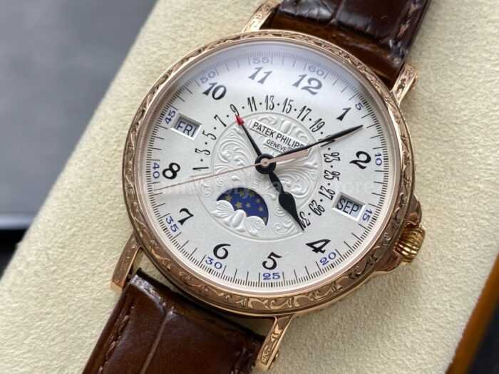 ZM Factory Patek Philippe Perpetual Calendar 5159G 38mm Engraving Rose Gold Leather Strap White Dial 4 Super Clone Watch,Clean Factory Watch