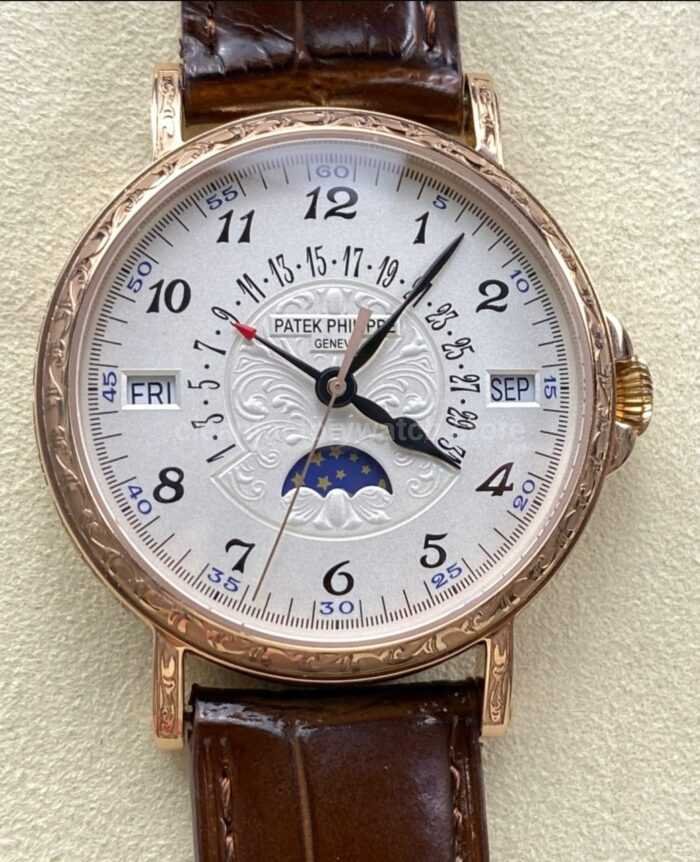 ZM Factory Patek Philippe Perpetual Calendar 5159G 38mm Engraving Rose Gold Leather Strap White Dial 7 Super Clone Watch,Clean Factory Watch