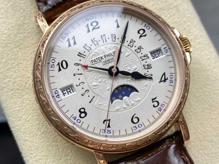 ZM Factory Patek Philippe Perpetual Calendar 5159G 38mm Engraving Rose Gold Leather Strap White Dial 8 Super Clone Watch,Clean Factory Watch