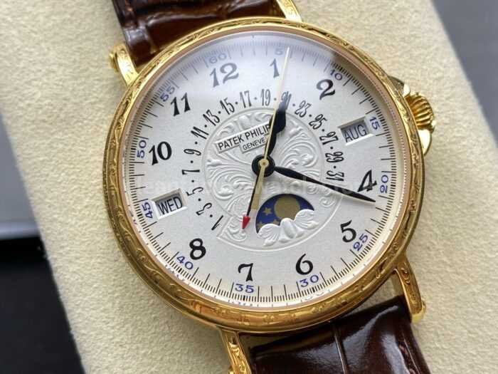 ZM Factory Patek Philippe Perpetual Calendar 5159G 38mm Engraving Yellow Gold Leather Strap White Dial Super Clone Watch,Clean Factory Watch