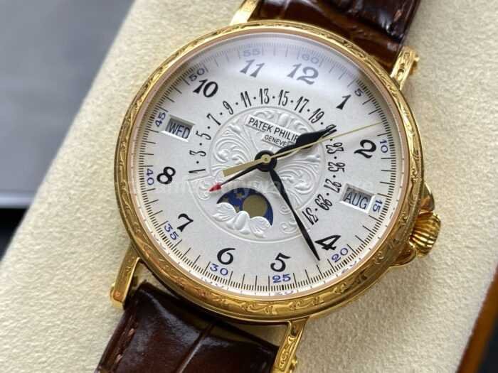 ZM Factory Patek Philippe Perpetual Calendar 5159G 38mm Engraving Yellow Gold Leather Strap White Dial 7 Super Clone Watch,Clean Factory Watch