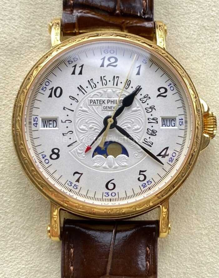 ZM Factory Patek Philippe Perpetual Calendar 5159G 38mm Engraving Yellow Gold Leather Strap White Dial 9 Super Clone Watch,Clean Factory Watch