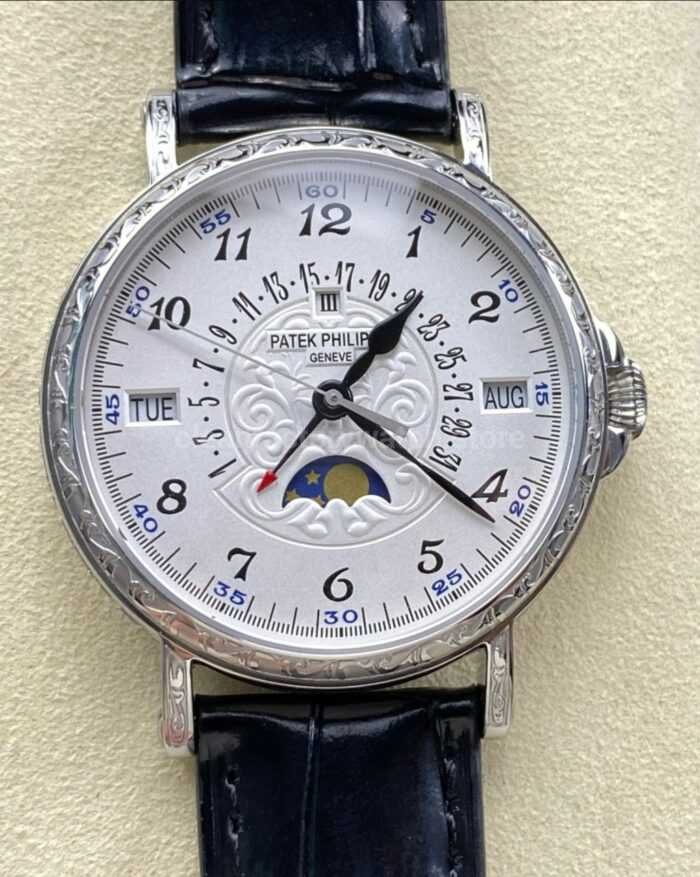 ZM Factory Patek Philippe Perpetual Calendar 5160500G–001 38mm Engraving Steel Leather Strap White Dial 7 Super Clone Watch,Clean Factory Watch