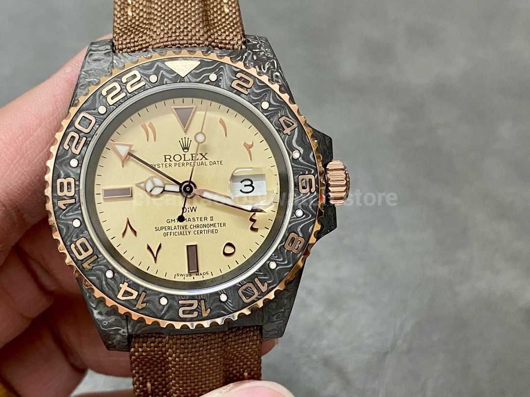 A5e2b22a 03f9 4cb1 B6ef B22d5418f460 DIW Factory Rolex GMT-Master II 126710 Limited Edition 40mm Gold Word Carbon Fiber Artificial Fiber Woven Strap Middle Eastern Digital Gold Dial - Image 1