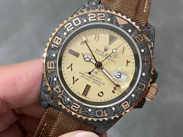 DIW Factory Rolex GMT-Master II 126710 Limited Edition 40mm Gold Word Carbon Fiber Artificial Fiber Woven Strap Middle Eastern Digital Gold Dial - Image 3