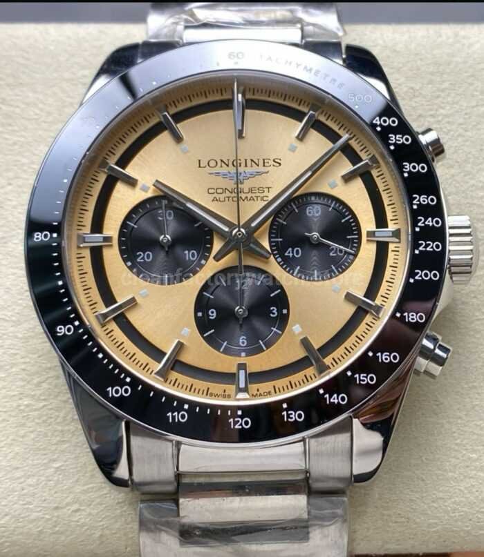 AF Factory Longines Conquest Chronograph L3.835.4.02.6 42mm Full Steel Strap Black Eyes Champagne Dial 1 Super Clone Watch,Clean Factory Watch