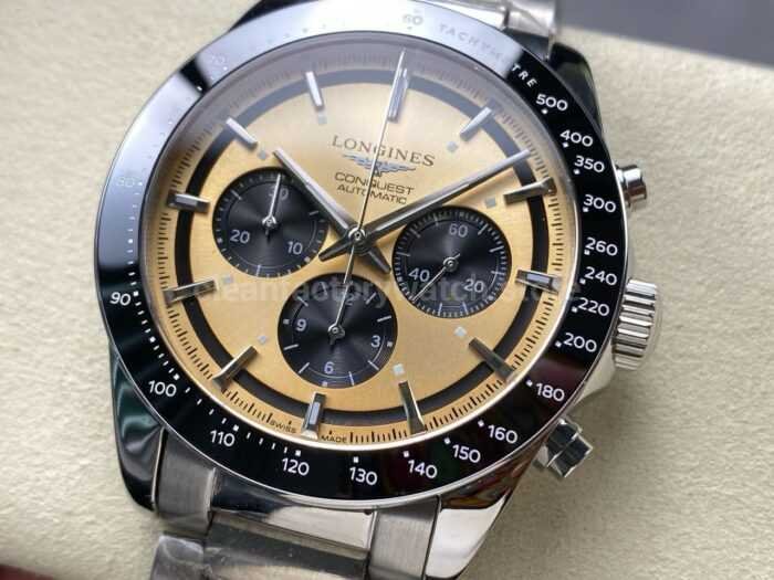 AF Factory Longines Conquest Chronograph L3.835.4.02.6 42mm Full Steel Strap Black Eyes Champagne Dial 9 Super Clone Watch,Clean Factory Watch