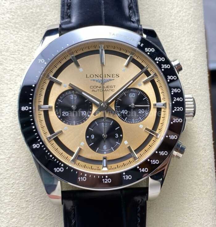 AF Factory Longines Conquest Chronograph L3.835.4.02.6 42mm Steel Leather Strap Black Eyes Champagne 3 Super Clone Watch,Clean Factory Watch