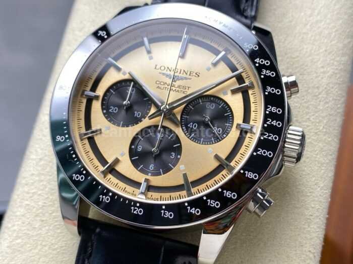 AF Factory Longines Conquest Chronograph L3.835.4.02.6 42mm Steel Leather Strap Black Eyes Champagne 7 Super Clone Watch,Clean Factory Watch